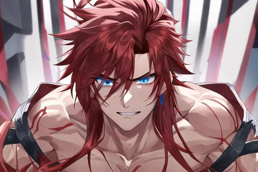 Prompt: Zerif 1male (Red side-swept hair falling between the eyes, sharp and sassy blue eyes), shirtless, highly detailed face, 8K, Insane detail, best quality, UHD, handsome, flirty, muscular, Highly detailed, insane detail, high quality. 