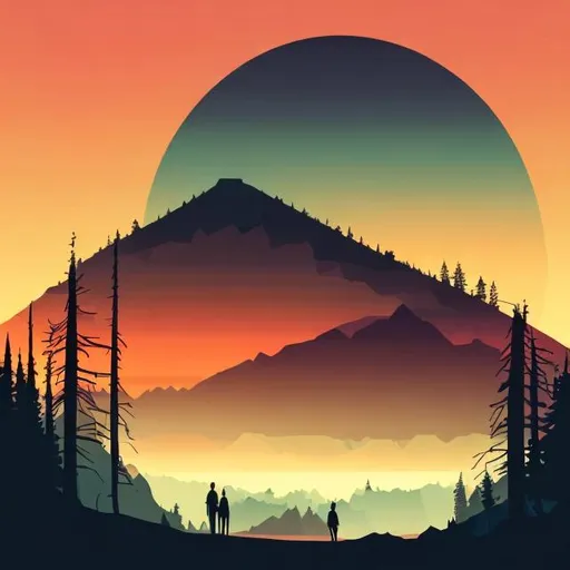 Prompt: Multiple layers of silhouette {trees}, with silhouette of {a person}, sharp edges, at sunset, with heavy fog in air, vector style, horizon silhouette Landscape wallpaper by Alena Aenami, firewatch game style, vector style background