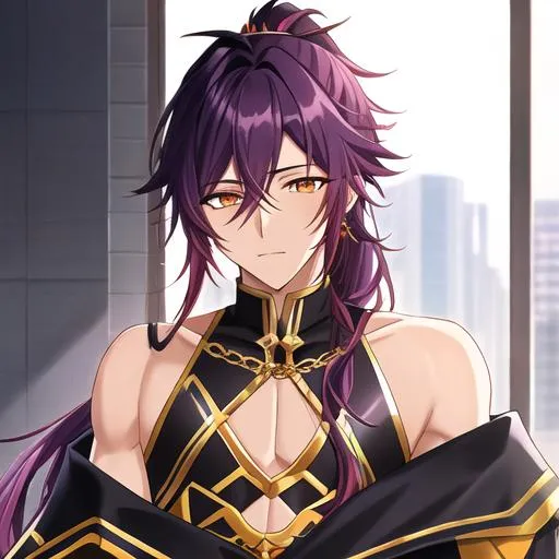 Prompt: Soma male. He has dark skin, orange eyes, and long, wavy plum purple hair worn loose to his shoulders; part of it is a ponytail clipped in place with a gold clip. Masculine anime style. 4K, highly detailed. 