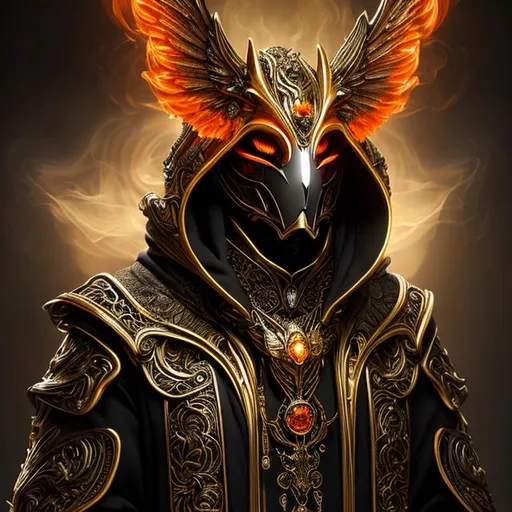 Prompt: high-quality high-detail highly-detailed breathtaking Villen ((by Aleksi Briclot and Stanley Artgerm Lau)) - ((a warlock)), hooded orange detailed fox warlock rich golden ornate robes casting smoke in hands, flying, smoke in feets, glowing, highly detailed vintage brass jester mask, add some orange smoke in his hands, glowing chest emblem , smooth detailed shoulder plates, detailed ivory, full body, fantasy robes,, wearing mime mask, 8k,  full form, detailed library setting, full form, epic, 8k HD, ice, sharp focus, ultra realistic clarity. Hyper realistic, realistic, close to perfection, high quality cell shaded illustration, ((full body)), dynamic pose, perfect anatomy, centered, freedom, soul, approach to perfection, cell shading, 8k , cinematic dramatic atmosphere, watercolor painting, global illumination, detailed and intricate environment, artstation, concept art, fluid and sharp focus, volumetric lighting, cinematic lighting.