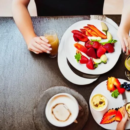 Prompt: a woman sit in front of a very healthy breakfast

