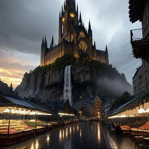 Prompt: a fantasy rpg  cathedral place in a city with a market on the side, cinematic scenery,  (waterfalls in the background, art by Alexandr Shabanov, art by Michal Karcz, art by Grzegorz Rutkowski)+++, photorealistic 64k resolution, HDR, epic, expansive, brilliant, stunning, hyperdetailedphotorealistic , ultra detailed, hyperrealistic, surreal, matte painting, unreal engine 5, UHD, first player sight

