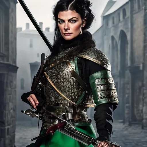 Prompt: female medieval soldier duelist, short black hair and green eyes beautiful young
