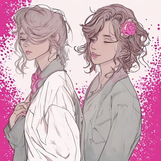 Prompt: Cover for a music playlist for 2 lovers - Sapphic romance French pink silver