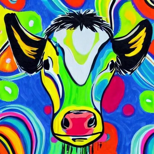 Prompt: A bright, vibrant, dynamic, spirited, vivid painting of a dairy cow in a rattlesnake pattern. 