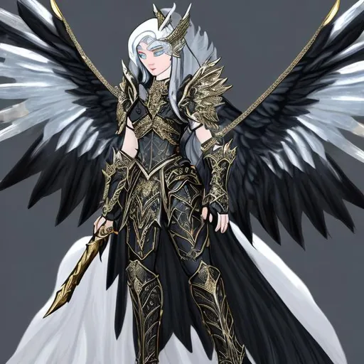 Prompt: Pearl black pegasus with metallic black wings wearing pearl white and gold armor next to enchanted waterfall dungeons and dragons style 