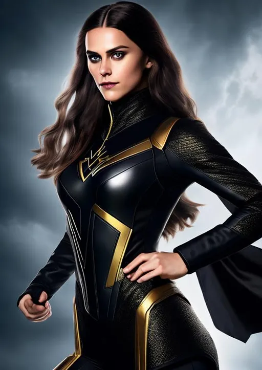 Prompt: High-resolution hyperrealistic photo of x-man shadowcat kate pryde merged with x-man magik ilyana rasputin, black and silver and gold costume, uhd, hdr, 64k