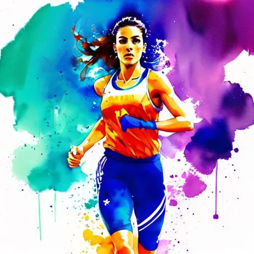 Prompt: colorful watercolor of athletic woman running