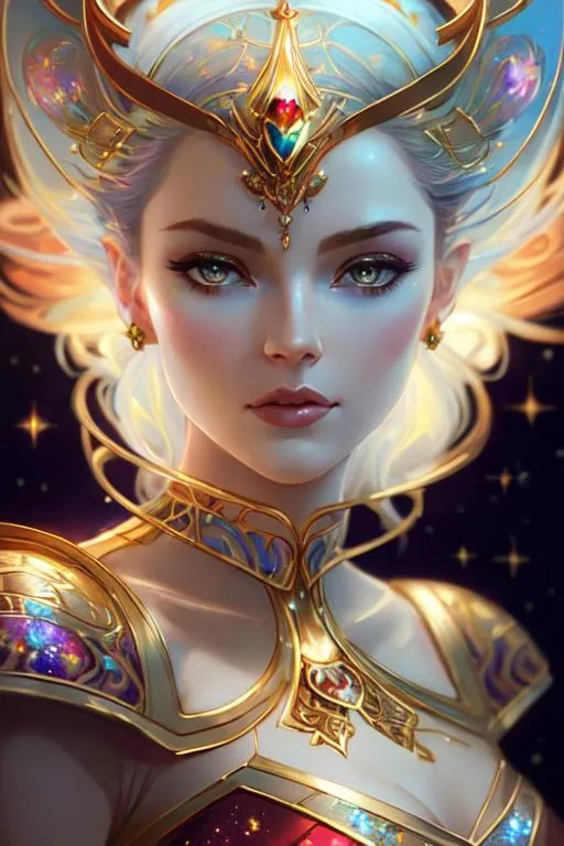 Prompt: a close up portrait of An intergalactic beautiful empress, beautiful symmetrical face, silky gradient red hair hair, golden eyes, wearing a exquisite gown with delicate intricate details, shimmer, glow. Art by  stanley artgerm, peter mohrbacher, Clint cearley, Brian Froud, rossdraws, guweiz, wlop, ilya kuvshinov, Charlie bowater, Laura Diehl, makoto shinkai. painting by daniel f gerhartz, art by Andrew Atroshenko and Edouard Bisson. highly detailed, sharp focus, ethereal, fantastic view, dreamy, Epic, celestial, sparkling, glossy, light emitting,  inner light.

