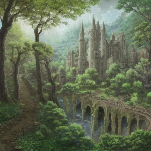 Prompt: 4k, highly detailed, old ruins of a castle in an enchanted forest 