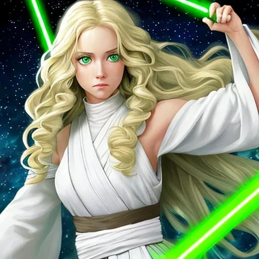 Prompt: jedi girl with long blonde curly hair,white clothes and green eyes  from star wars