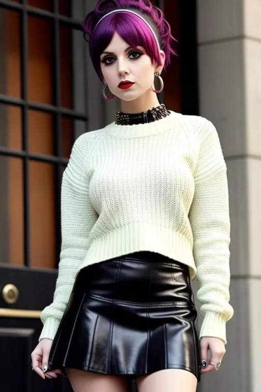 Prompt: woman wearing vintage mod clothing but with punk hairdo, fashion mash-up, sweater mini skirt, mod meets punk, twiggy meets hayley williams,
