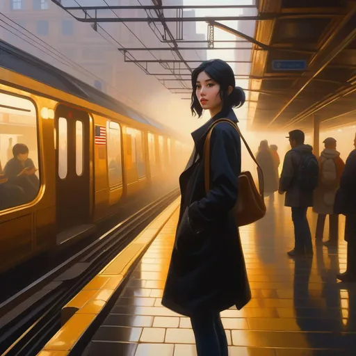 Prompt: Third person, gameplay, Japanese girl, pale skin, black hair, brown eyes, 2020s, smartphone, NYC subway station, foggy, golden atmosphere, cartoony style, extremely detailed painting by Greg Rutkowski and by Henry Justice Ford and by Steve Henderson 