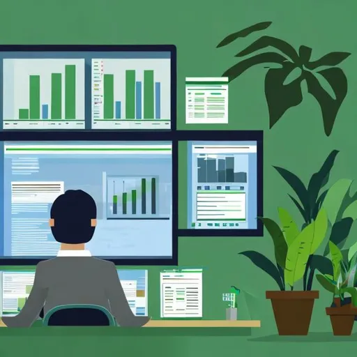 Prompt: please create a high resolution photo that shows a person from behind who sits in front of a screen on which both Excel diagrams and ChatGPT are open. The office surrounding should be friendly, modern and with plants around.