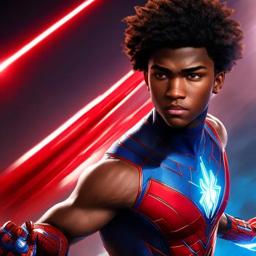 Prompt: High resolution hyperrealistic dynamic image of young avenger eli-bradley merged with miles-morales, symmetrical detailed photorealistic face, red and white and blue costume highly detailed, cinematic, uhd, hdr, 64k