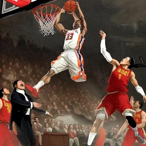 Prompt: Create a picture of George Washington, the first US president, dunking a basketball over Xi Xinping the Chinese president. It should be an epic beat down of Xi Xinping
