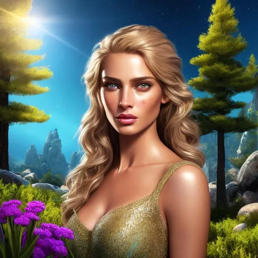 Prompt: HD 4k 3D 8k professional modeling photo hyper realistic beautiful happy young woman ethereal greek goddess of praise
gold hair blue eyes gorgeous face black freckled skin shimmering dress jewelry full body surrounded by magical glowing light hd landscape background standing on a hill with pine trees and rocks at sunlight eagles