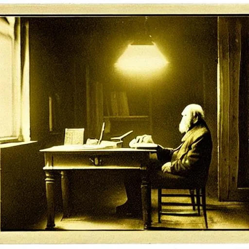 Prompt: tolstoy writing a novel in dark room that made of wood with faint yellow light 