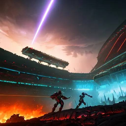 Prompt: 8k portrait of two aggressive futuristic gladiators fighting to the death, with cyber swords, in a huge thunder dome like battle colosseum,  with huge crowd, cinematic perspective concept art, sci fi style art, ibackground, .obj file, high quality render, ultrarealistic, cinematic style, xfiles, deviantart rendered in unreal engine 5, intricate details