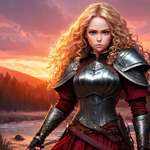 Prompt: long shot scenic fire forest, grass field, forest, beautiful western girl, sad eyes, angry, mouth open, curly blonde hair, blue eyes, standing at river bank, detailed face, highly detailed broken chain armor, holding steel sword, dark red sky, red dusk, hyper detailed, super detailed, hyper realistic, realistic art, 8k