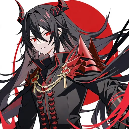Prompt: Demon King, jet black armor with red accents, blood red eyes, two big horns, male