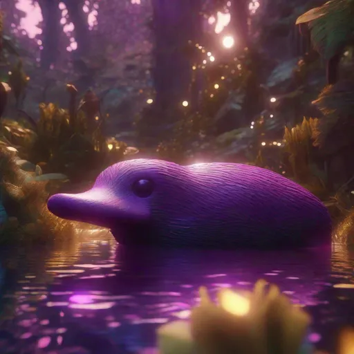 Prompt: Enchanted purple and brown platypus in the Fairyland Forest, Enchanting, Chic Modernist, Furry, close-up, textured, Faded, game icon, brilliant colors, surrealism, golden hour sun lighting, Hyperrealistic textures, intricate details, architectural visualization, Corona render, 8k