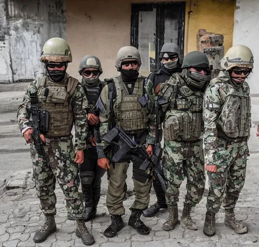 Prompt: three Mexican Special forces soldiers,
SP:20 tactical helmet equipped, full mask covering mouth and nose present, 
Heavy tactical vest, army boots, heavy weaponry, 
Crema military eyewear covering eyes, 
modern, realistic, 
emmaculately curated, standing in a mexican town
Modern Look
(Objects do not merge, or congeal into eachother.)
small details to ensure photo looks as clear and realistic as possible even while zooming in.