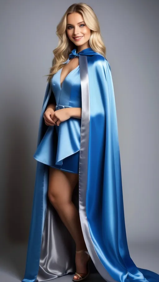 Prompt: Please produce a collectible card 
A Beautiful young blonde woman with long hair , smiling, short skirt, wearing a floor length blue and silver satin cape tied at the neck with a ribbon , (((full body visible))), looking at viewer, portrait, photography, detailed skin, realistic, photo-realistic, 8k, highly detailed, full length frame, High detail RAW color art, piercing, diffused soft lighting, shallow depth of field, sharp focus, hyperrealism, cinematic lighting