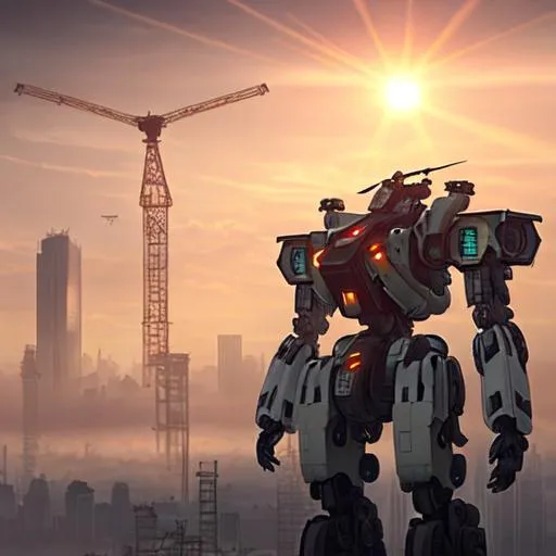 Prompt: future dystopian mega construction, mech, sunset, light fog, sun ray, drones