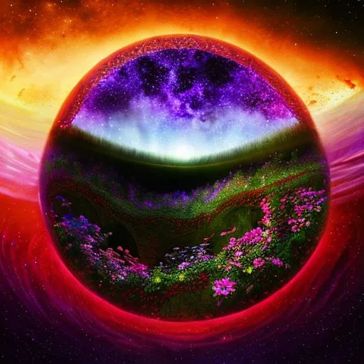 Prompt: Intricate landscape of Earth and flowers being sucked into a Black Hole, the universe, hyper-detailed, colorful, fantasy, award-winning CGI, HD, outerspace, stars 