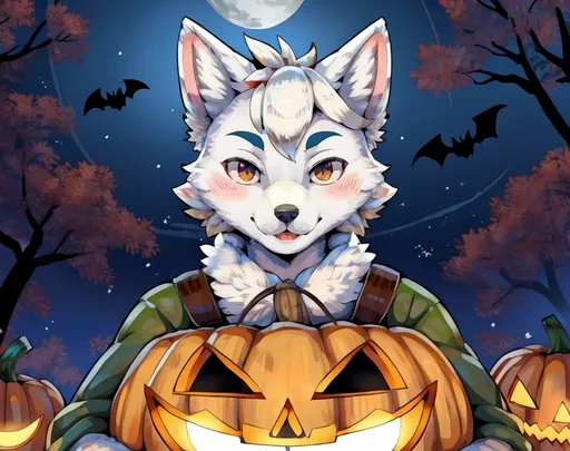 Prompt: Solo, anthro, furry, male, (by_boris_noborhys), arctic fox, Halloween theme