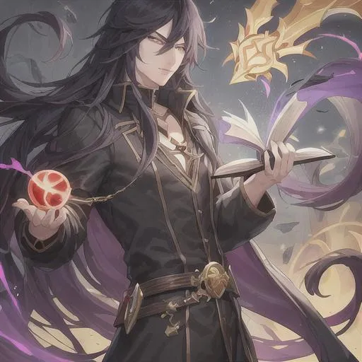 Prompt: League of legends. Male necromancer with long black hair.  He has a pet snake. He uses a black obsidian orb to cast spells. On his belt is a satchel, vials, and a book. He is handsome, average build, slightly muscular. He wears elegant black robes. Normal eyes