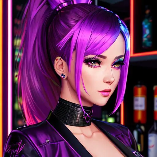 Prompt: UHD, 164k, highly detailed face, panned out view, visible full body, anime cyberpunk lady bartender, contemporary dress, dimly lit neon bar, dark violet ponytail, ilya kuvshinov, mixing drinks, hyperdetailed large blonde hair, masterpiece, hyperdetailed full body, hyperdetailed feminine attractive face and nose, complete body view, ((hyperdetailed eyes)), perfect body, perfect anatomy, beautifully detailed face, alluring smile