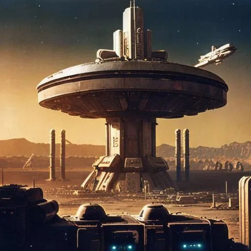 Prompt: sci fi war destruction in alien city retro vintage old style