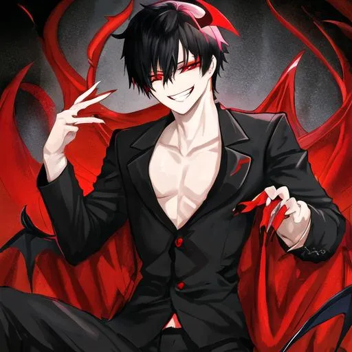 Prompt: Damien as a demon (male, short black hair, red eyes) grinning seductively