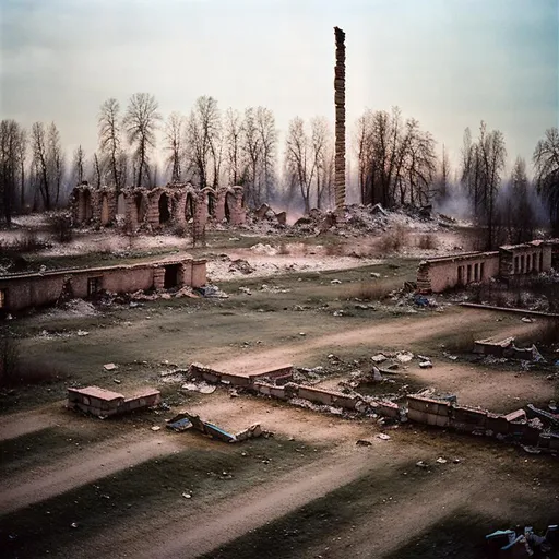 Prompt: A journey through the ruins of a ukrainian city, where every step is a reminder of the tragedy of war. The landscape is bleak, but there are glimpses of hope in the faces of the survivors and the resilience of the human spirit.