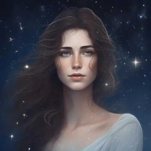 Prompt: A beautiful, enchanting and caucasian Canadian/Irish/French with light freckles woman (a greek goddess of the night sky) with magical flowing brunette hair in the style of constellations and the night sky flowing and fading into stars, starting confidently profile picture