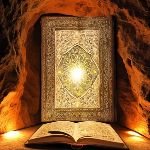 Prompt: Quran cover throw light in cave