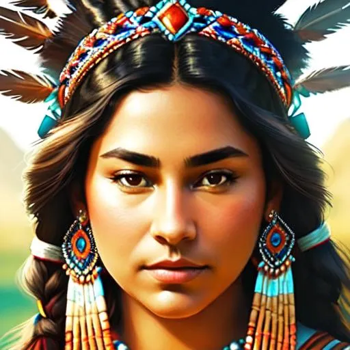 Prompt: Beautiful native American princess, facial closeup, earth tones