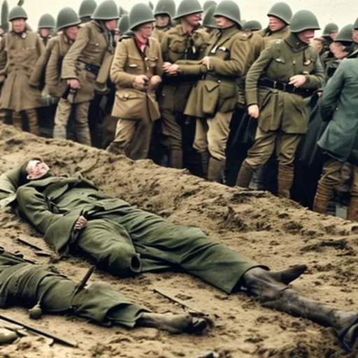 Prompt: Bloody corpse at d day world war 2 in colour 