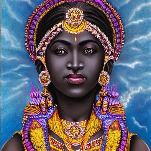 Prompt: Black Hindu Goddess, pretty, portrait, Symmetrical, powerful, masterpiece, elegant, shinning halo, detailed, digital painting, realistic, sharp, illustration, 