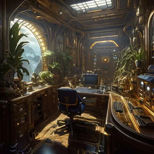 Prompt: a computer sitting on top of a desk in a room, ornate galactic gold, james gurney weta studio, inside large window of ship, plants environment, autodesk 3d rendering, frame from prometheus movie, jungle environment, golden feathers, mining, by senior character artist