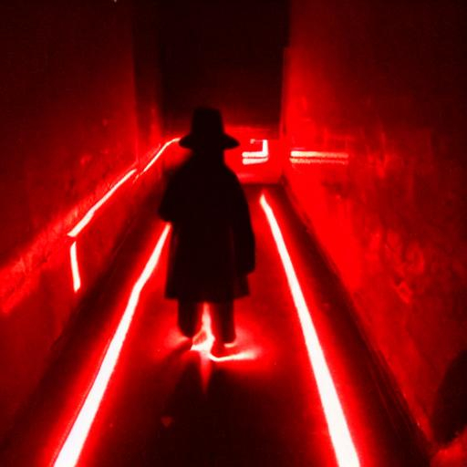 Shadow person dark room scary hat man red glowing eyes | OpenArt