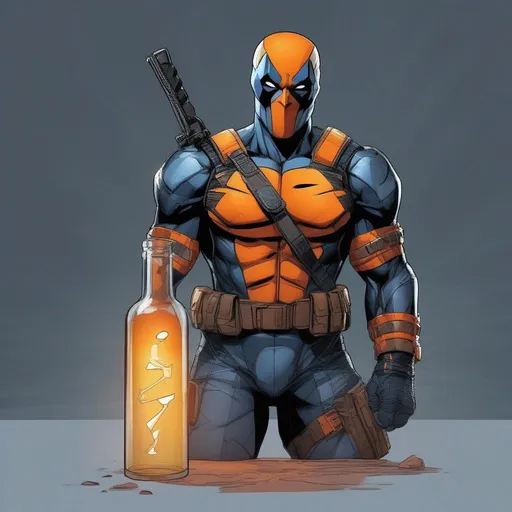 Prompt: Happy Light, so happy, deathstroke, glass bottle with nightmare fangs, best quality, masterpiece, in comic book style