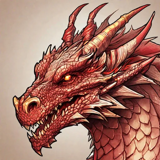 Prompt: Concept design of a dragon. Dragon head portrait. Coloring in the dragon is predominantly red with light golden streaks and details present.