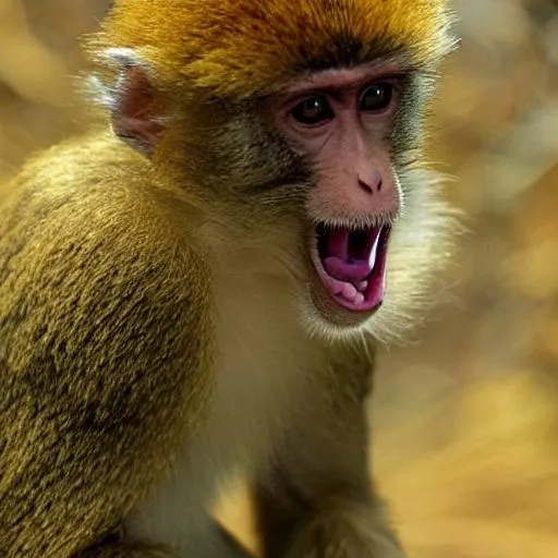 Prompt: The monkey has a strong body, golden fur, sharp eyes, big mouth, sharp teeth, nimble hands and feet, moody, often wears a yellow clothe and holds a golden stick