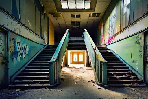 Prompt: a photograph of a large grandiose entrance of a abandoned hospital, large metal staircase in the middle of the room. large format, peeling paint, broken glass, graffiti, volumetric lighting, photo realism, photo journalism, beautiful, cinematic dramatic atmosphere,
perfect light.