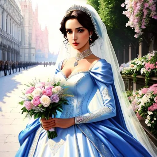 Prompt: a 20 year old  bride wearing royal costume and holding flowers, soft pastel color, detailed, 8k, catwoman