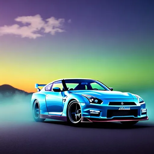 Prompt: Nissan skyline r35 ultra realistic vapor wave front shot
