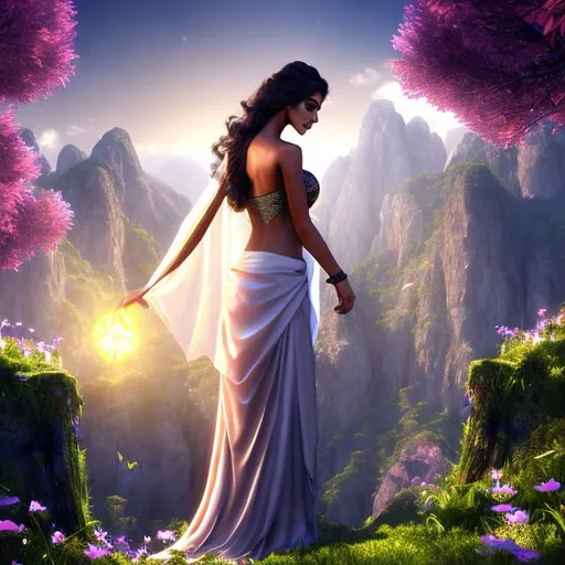 Prompt: HD 4k 3D 8k professional modeling photo hyper realistic mysterious gothic beautiful women ethereal greek goddess of deceit and lies
brown straight hair dark eyes gorgeous face brown skin  shimmering dress with sash tiara with veil winged feet full body surrounded by magical glowing light hd landscape background island of crete jungle vegetation beetles and smoke